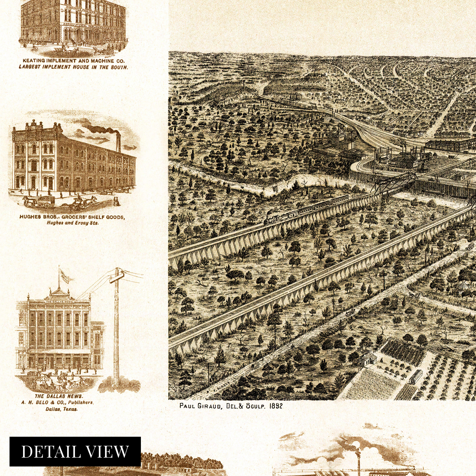 1892 Dallas Texas Map - Canvas Wrap Vintage Dallas Map Wall Art Poster Print - Picture 13 of 16