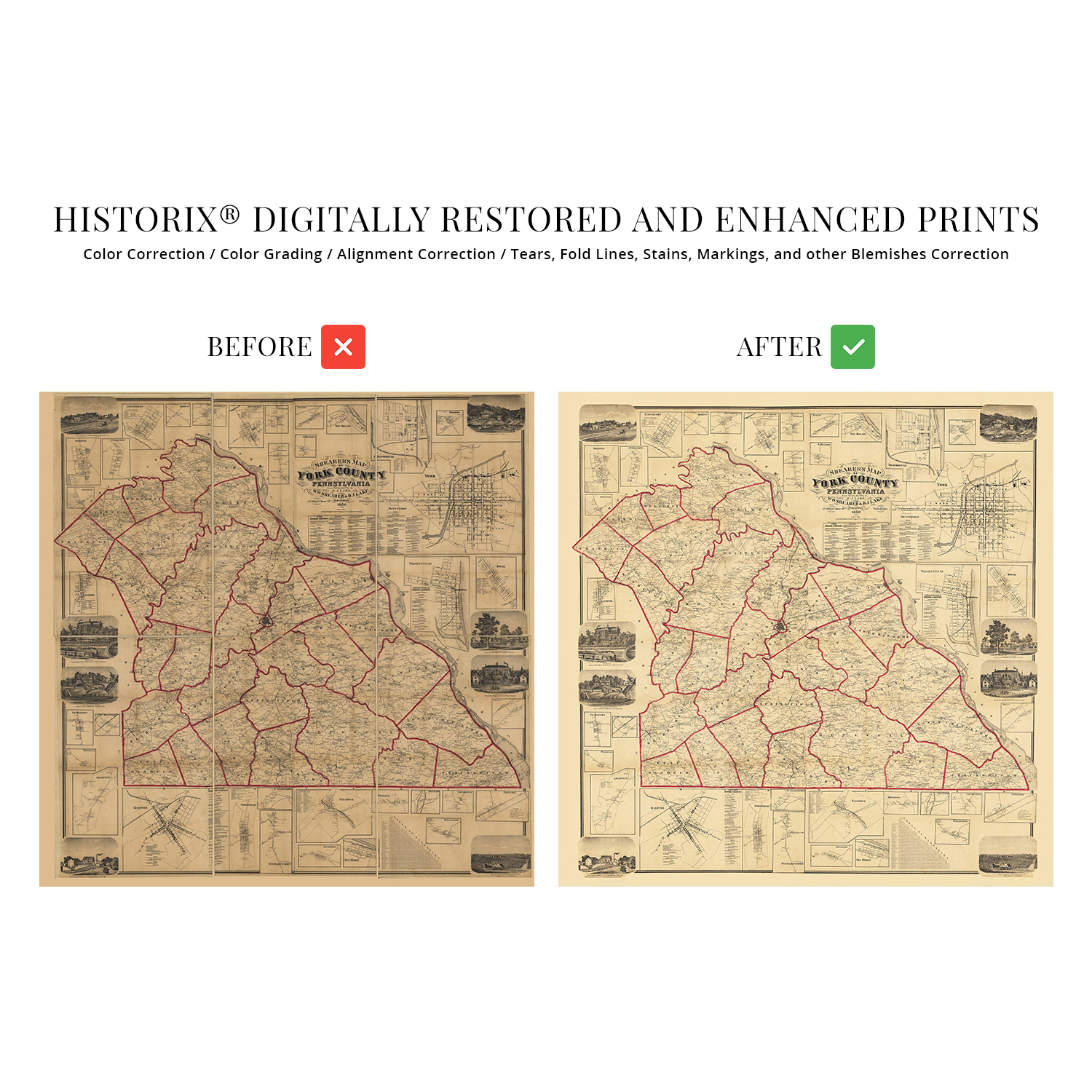 1860 York County Pennsylvania Map Old Map of York County PA Wall Art