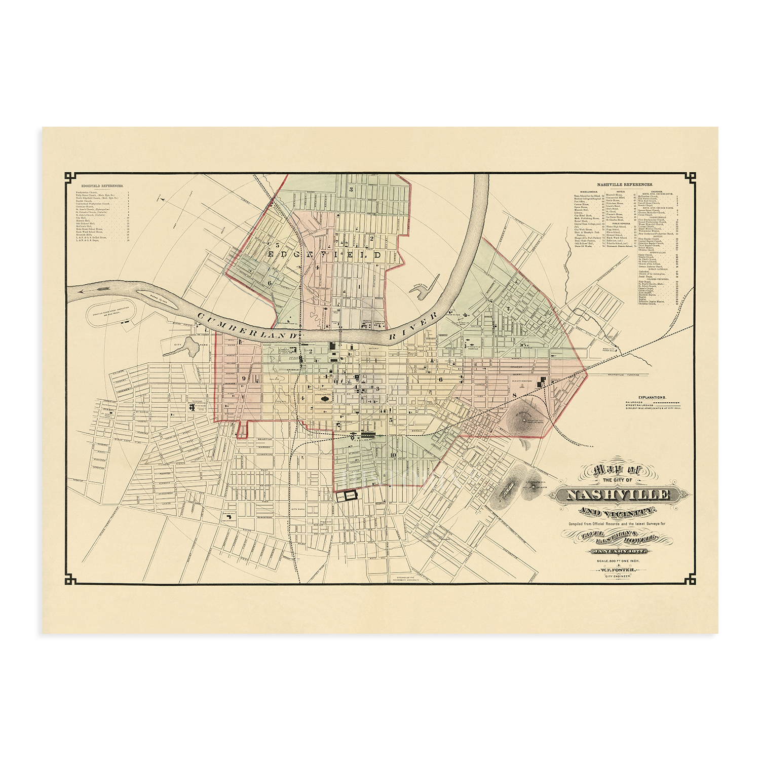 1877 Nashville Tennessee Map - History Map of Nashville TN Wall Art Poster Print - Picture 19 of 26