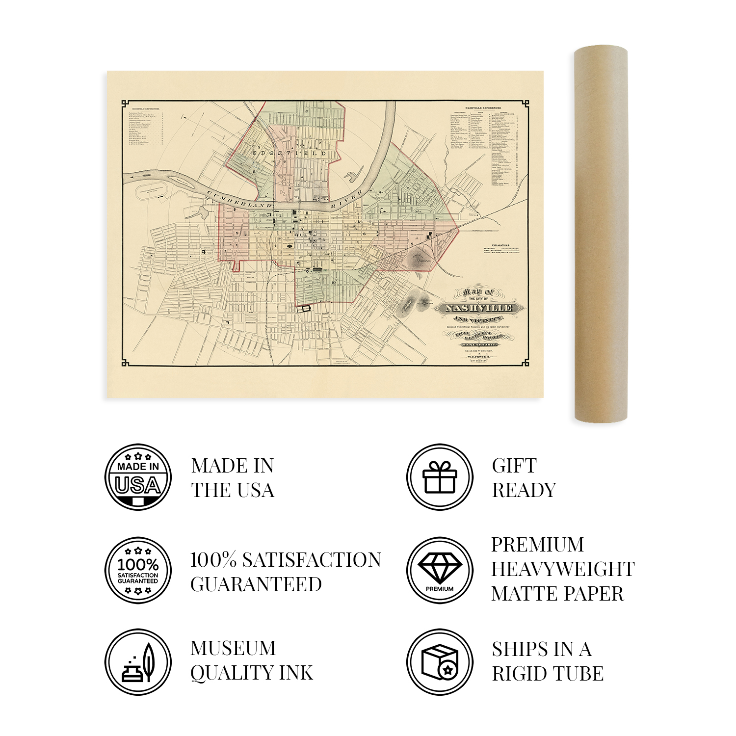 1877 Nashville Tennessee Map - History Map of Nashville TN Wall Art Poster Print - Picture 14 of 26