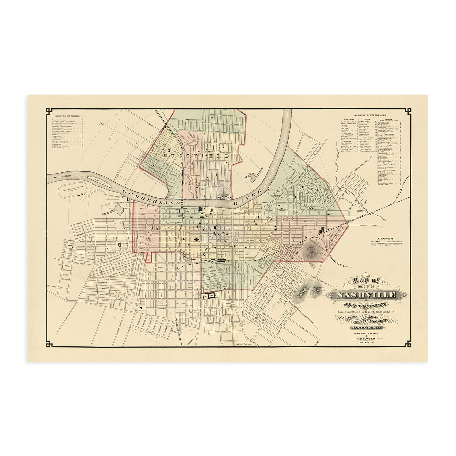 1877 Nashville Tennessee Map - History Map of Nashville TN Wall Art Poster Print - Picture 26 of 26