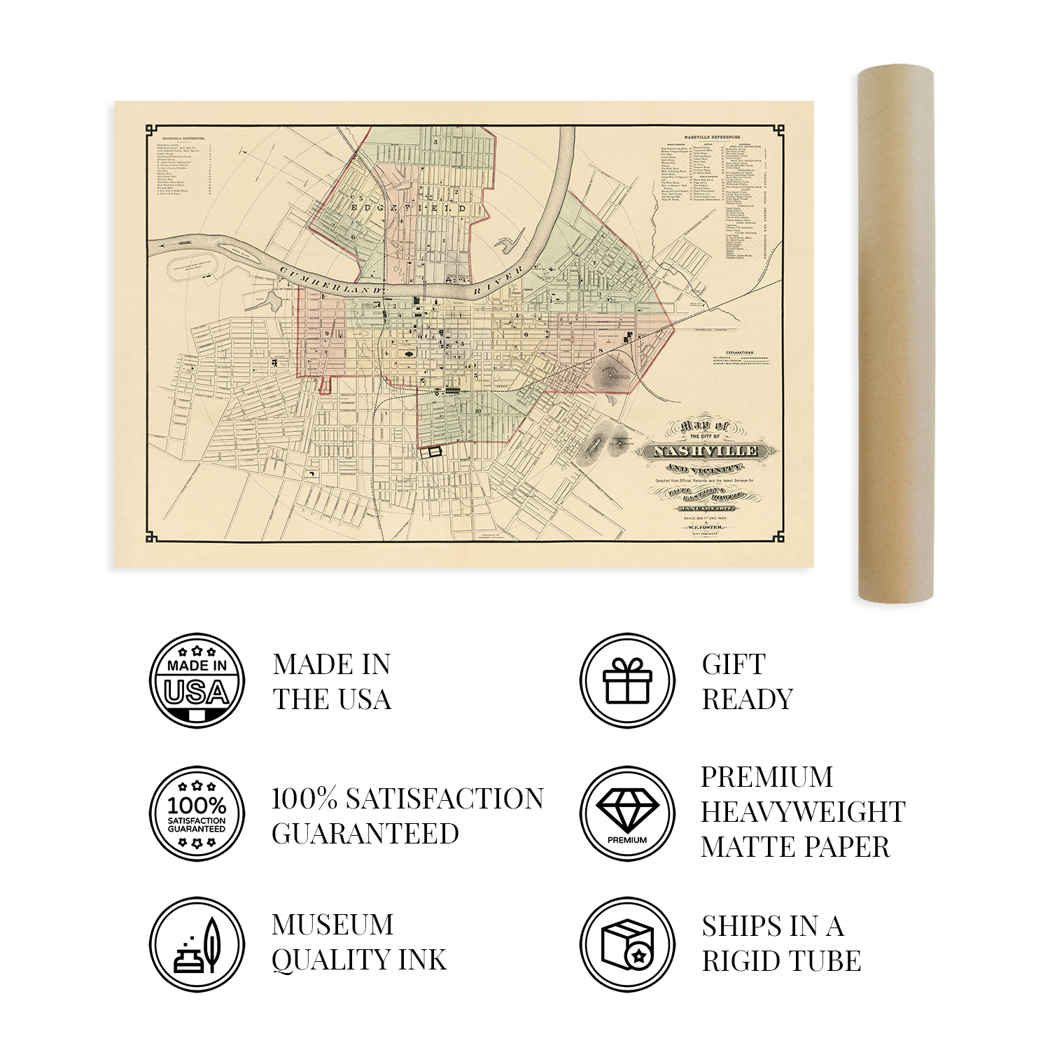 1877 Nashville Tennessee Map - History Map of Nashville TN Wall Art Poster Print - Picture 21 of 26