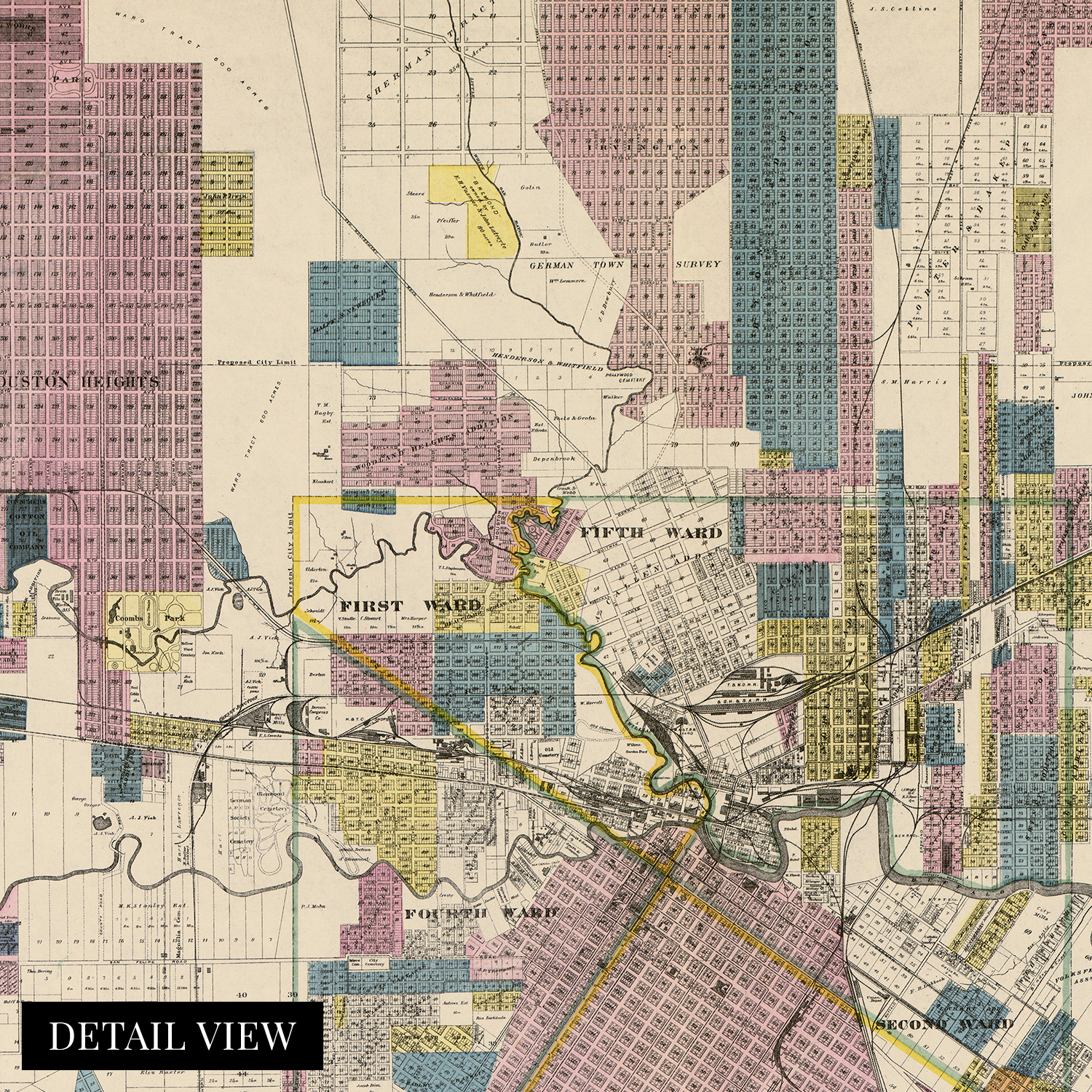 1895 Houston City Texas Map - History Map of Houston TX Wall Art Poster Print - Picture 23 of 26