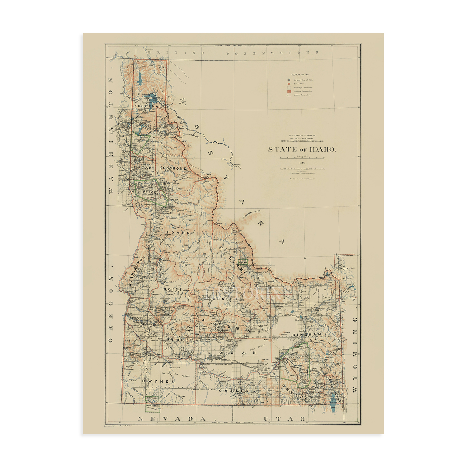 1891 Idaho Map Print - Old Map of Idaho Poster - State of Idaho History ...