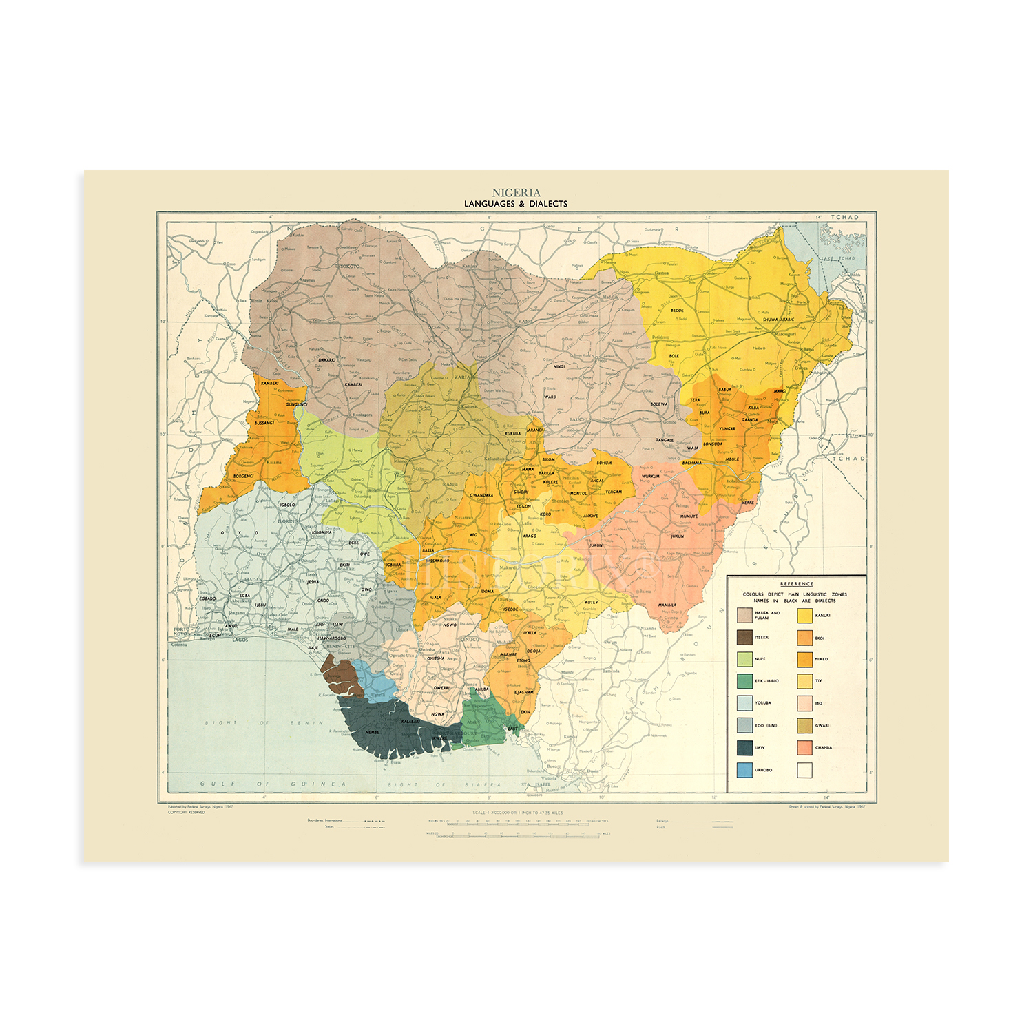 1967 Nigeria Map - History Map of Nigeria Languages & Dialects Wall Art Poster - Picture 16 of 16