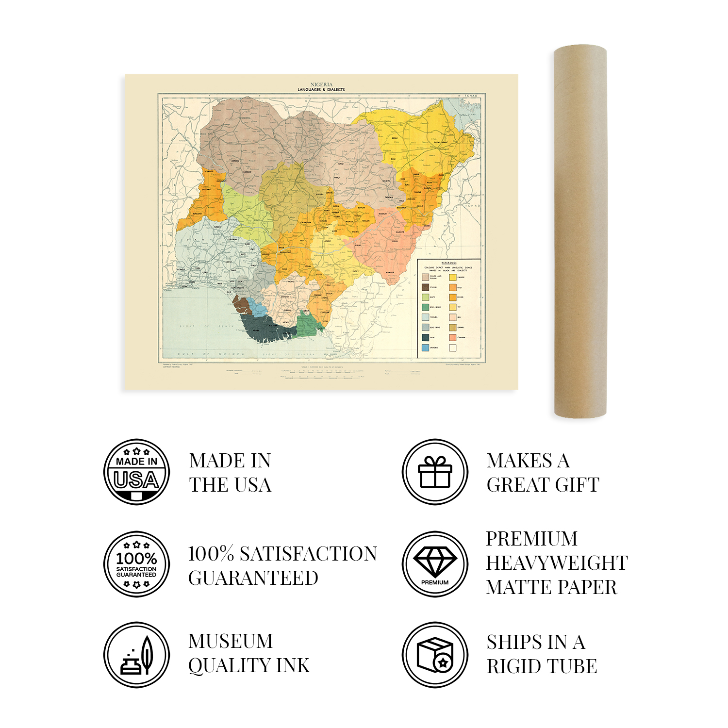 1967 Nigeria Map - History Map of Nigeria Languages & Dialects Wall Art Poster - Picture 11 of 16