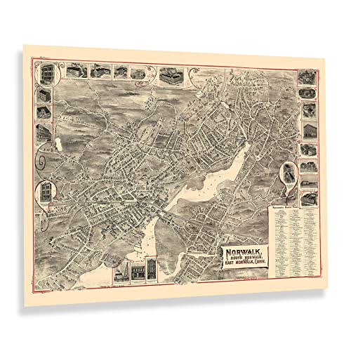 1899 Norwalk Connecticut Bird’s Eye View Map Poster Wall Art Print