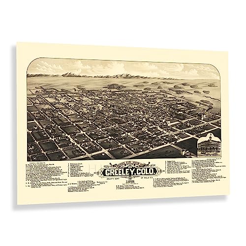 1882 Greeley Weld County Colorado Bird’s Eye View Map Print Wall Art Poster