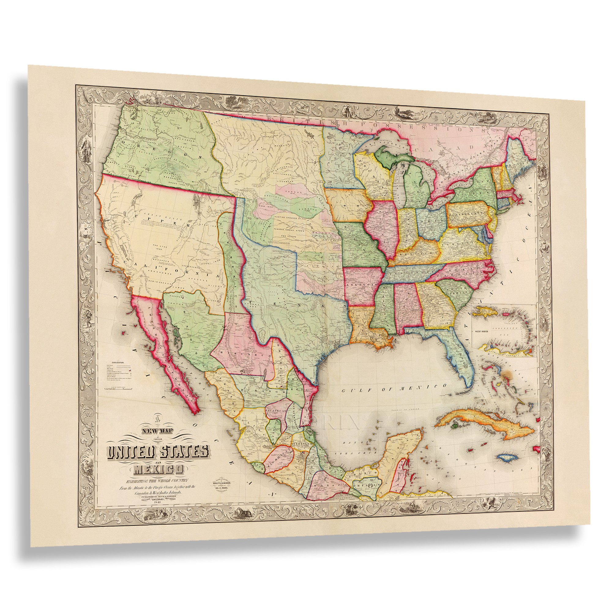 1847 United States and Mexico Map Print Poster Wall Art