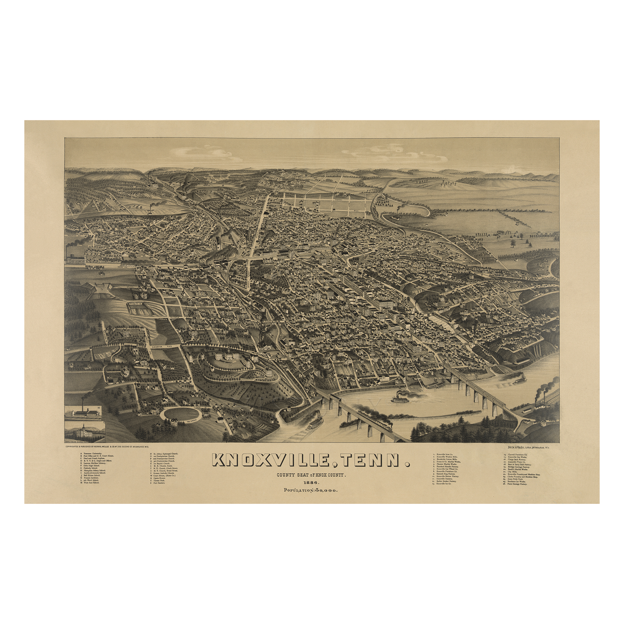 1886 Knoxville Tennessee Panorama Bird’s Eye View Knox County Cityscape Antique