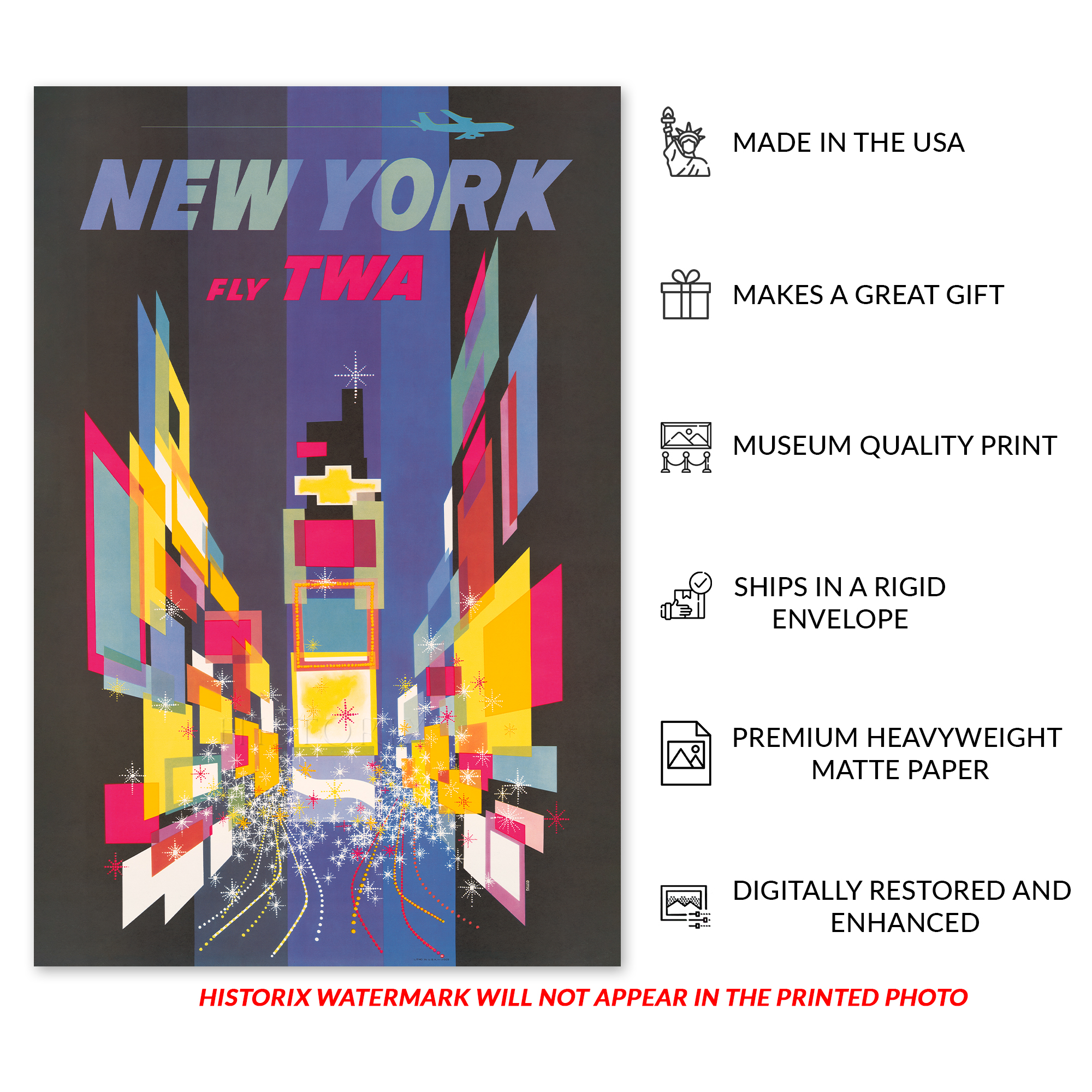 1956 New York Fly TWA Airline Travel Poster Print Wall Art by