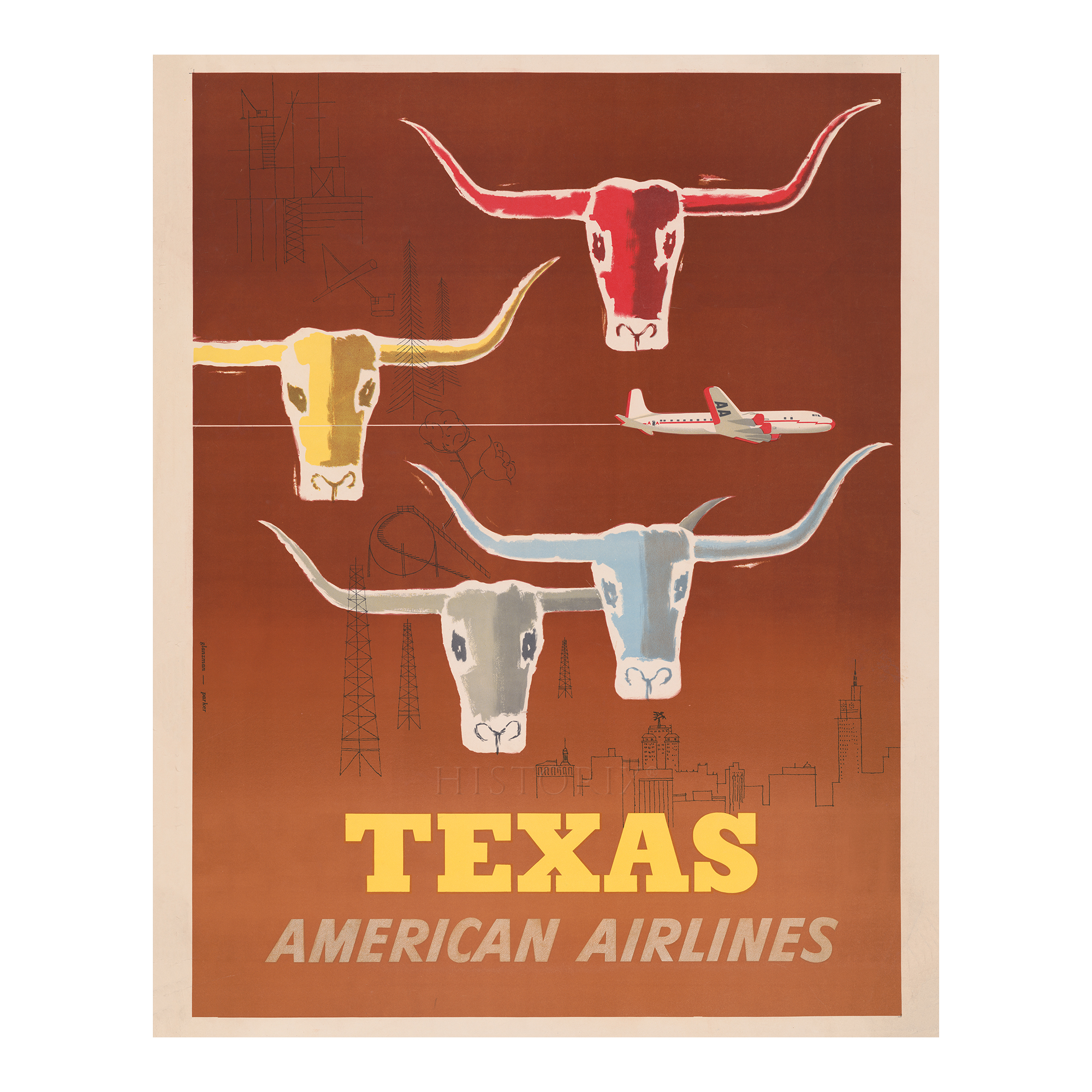 1953 Texas American Airlines Travel Poster Longhorn Cattle Mid-Century Aviation