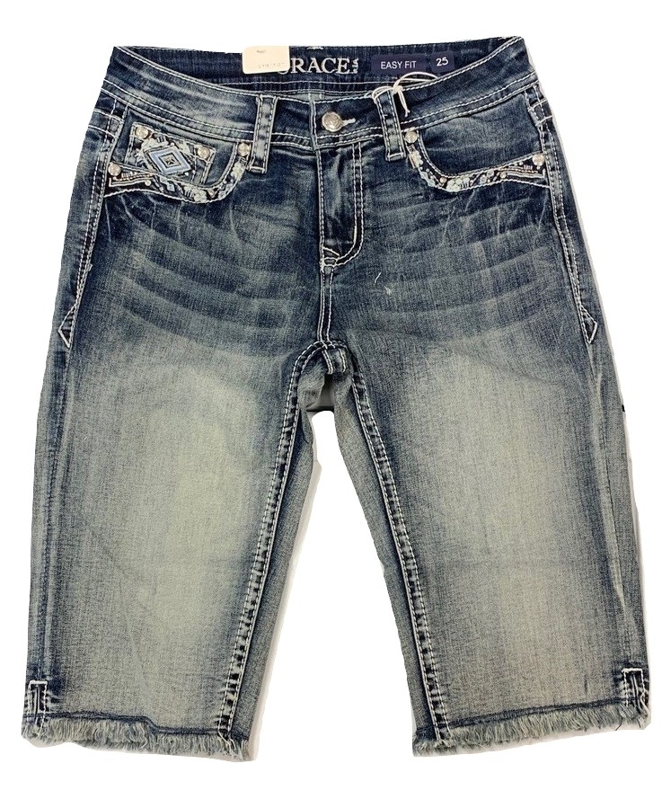 Grace in LA Women's Aztec Embellished Cut-Off Bermuda Denim Jean Shorts - Picture 6 of 28