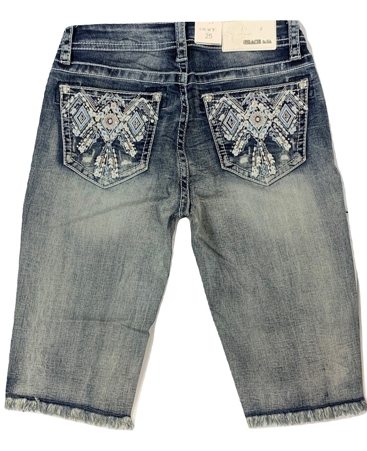 Grace in LA Women's Aztec Embellished Cut-Off Bermuda Denim Jean Shorts - Picture 11 of 28