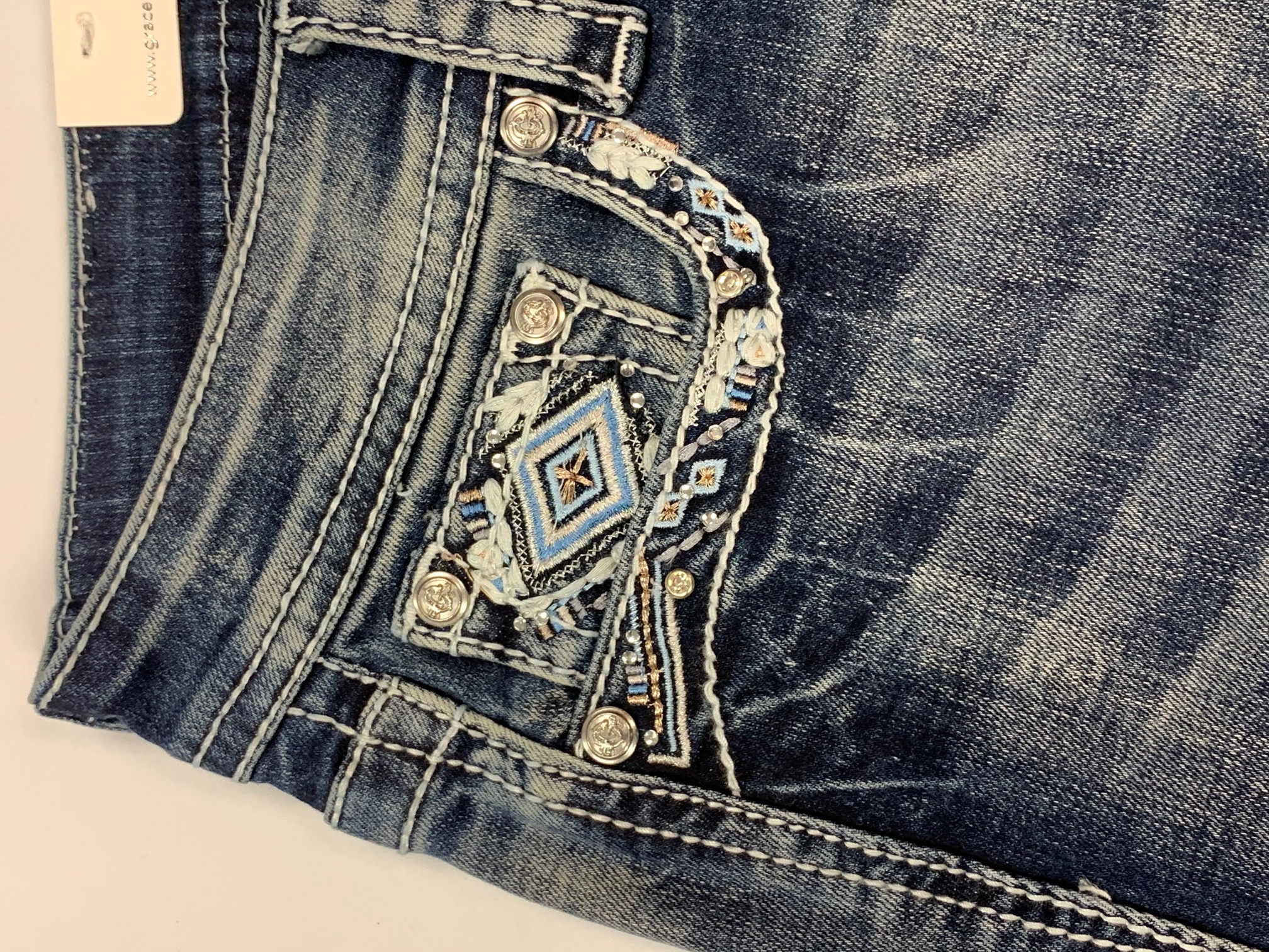 Grace in LA Women's Aztec Embellished Cut-Off Bermuda Denim Jean Shorts - Picture 12 of 28