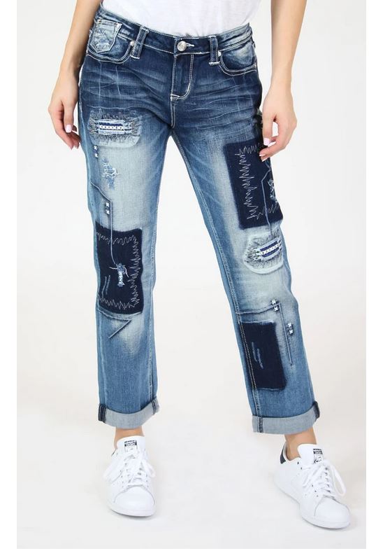 Grace in LA Jeans Women's Distressed Patched Boyfriend Stretch Jeans - Picture 7 of 18