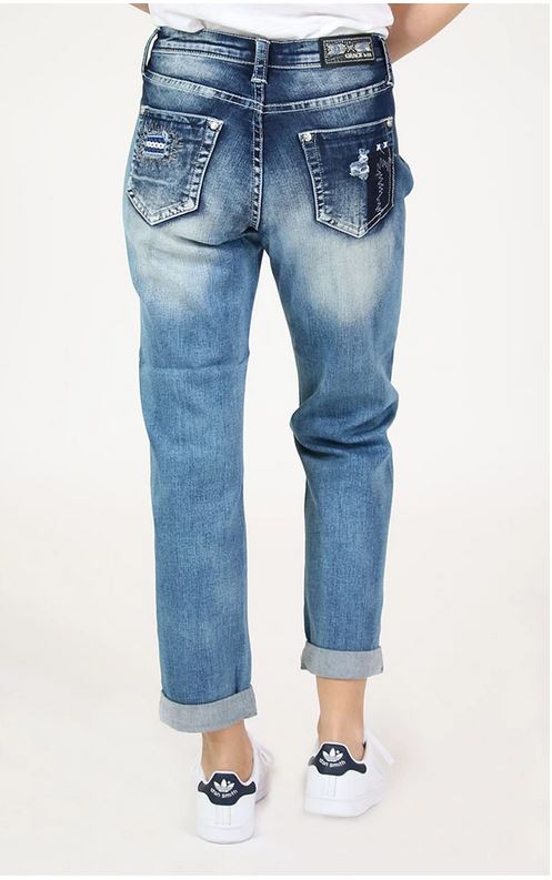 Grace in LA Jeans Women's Distressed Patched Boyfriend Stretch Jeans - Picture 9 of 18