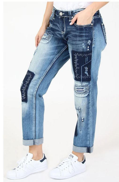 Grace in LA Jeans Women's Distressed Patched Boyfriend Stretch Jeans - Picture 12 of 18