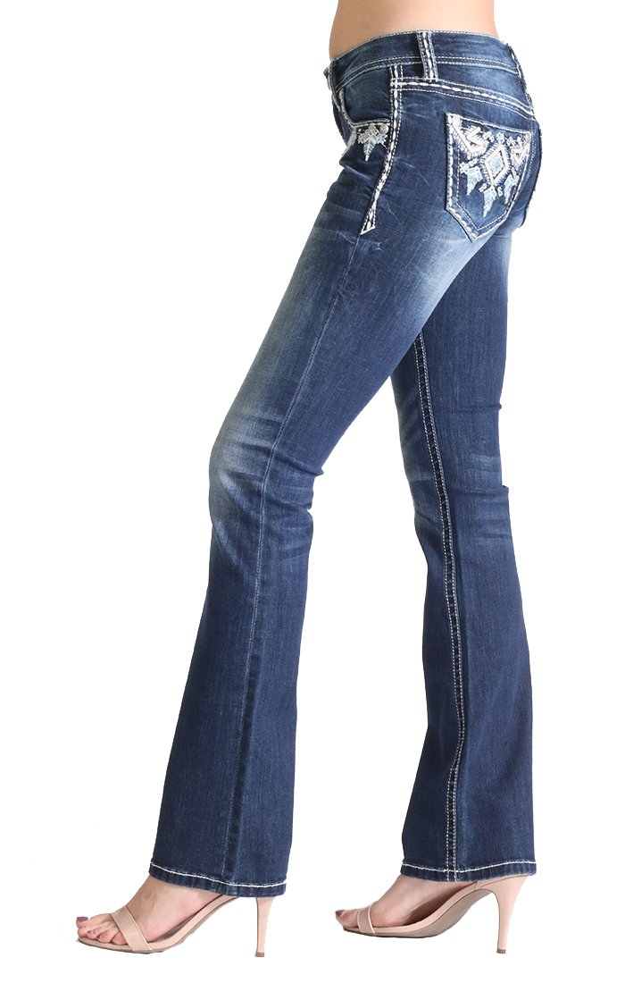 Grace in LA Women's Aztec Embellished Embroidered Bootcut Stretch Jeans - Picture 7 of 16