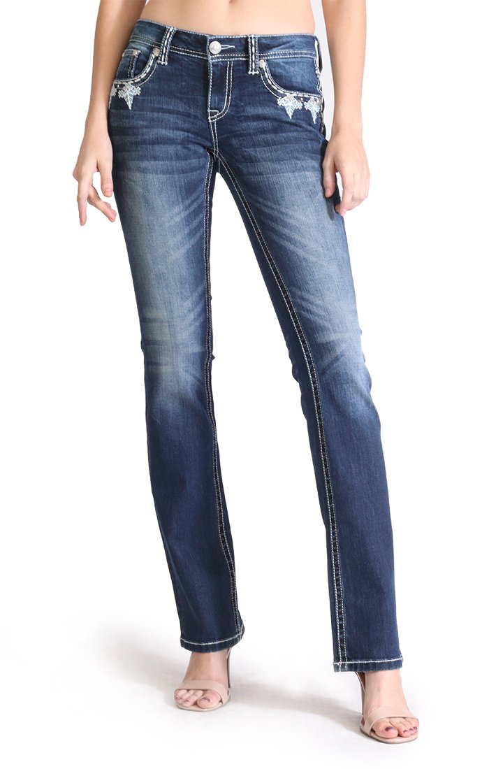 Grace in LA Women's Aztec Embellished Embroidered Bootcut Stretch Jeans - Picture 6 of 16