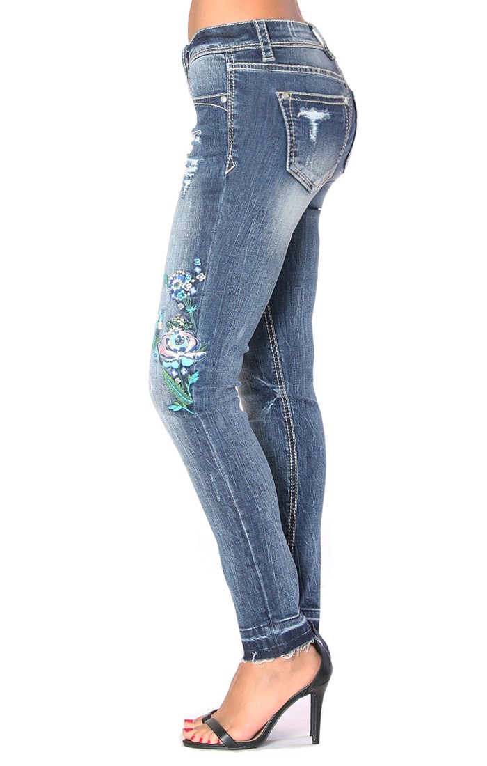 Grace in LA Women's Floral Distressed Embroidered Skinny Fit Stretch Jeans - Picture 8 of 27