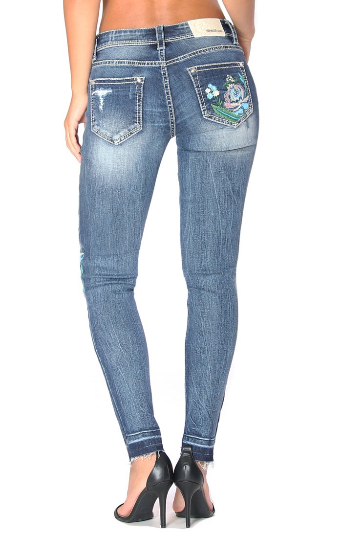 Grace in LA Women's Floral Distressed Embroidered Skinny Fit Stretch Jeans - Picture 15 of 27