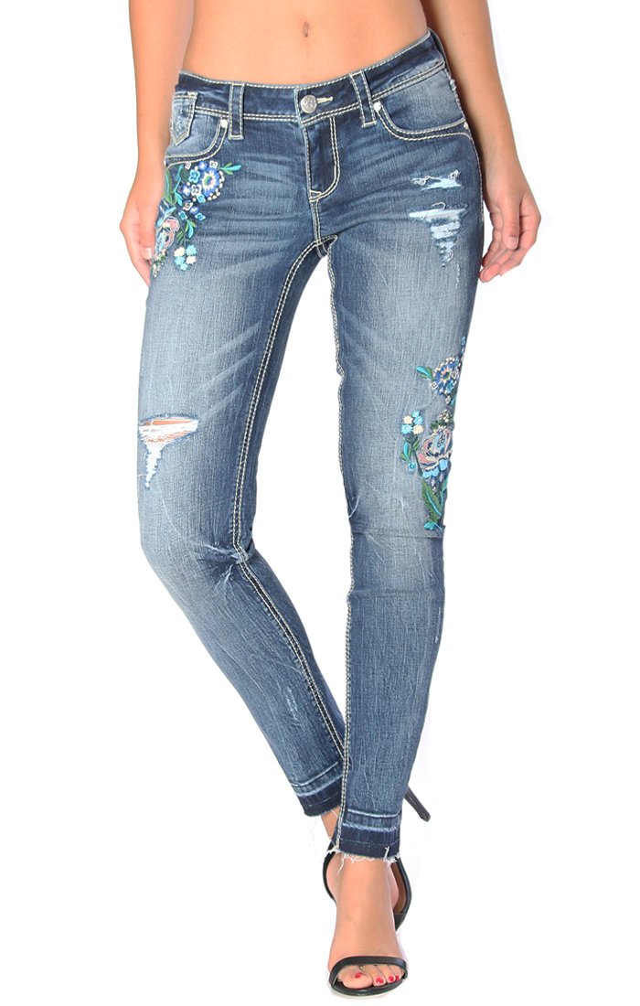 Grace in LA Women's Floral Distressed Embroidered Skinny Fit Stretch Jeans - Picture 25 of 27