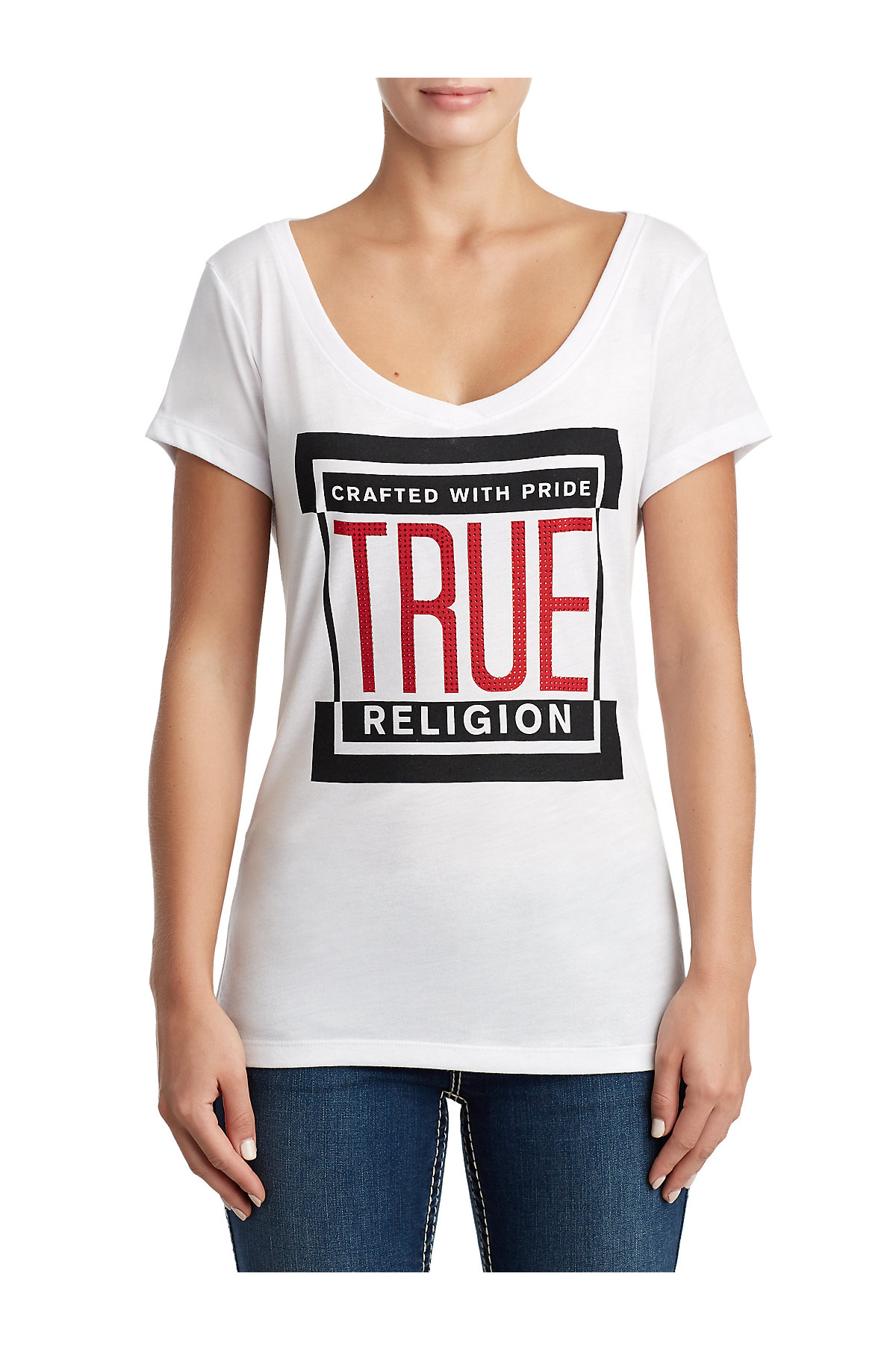 Brand Round V-Neck Tee T-Shirt | eBay