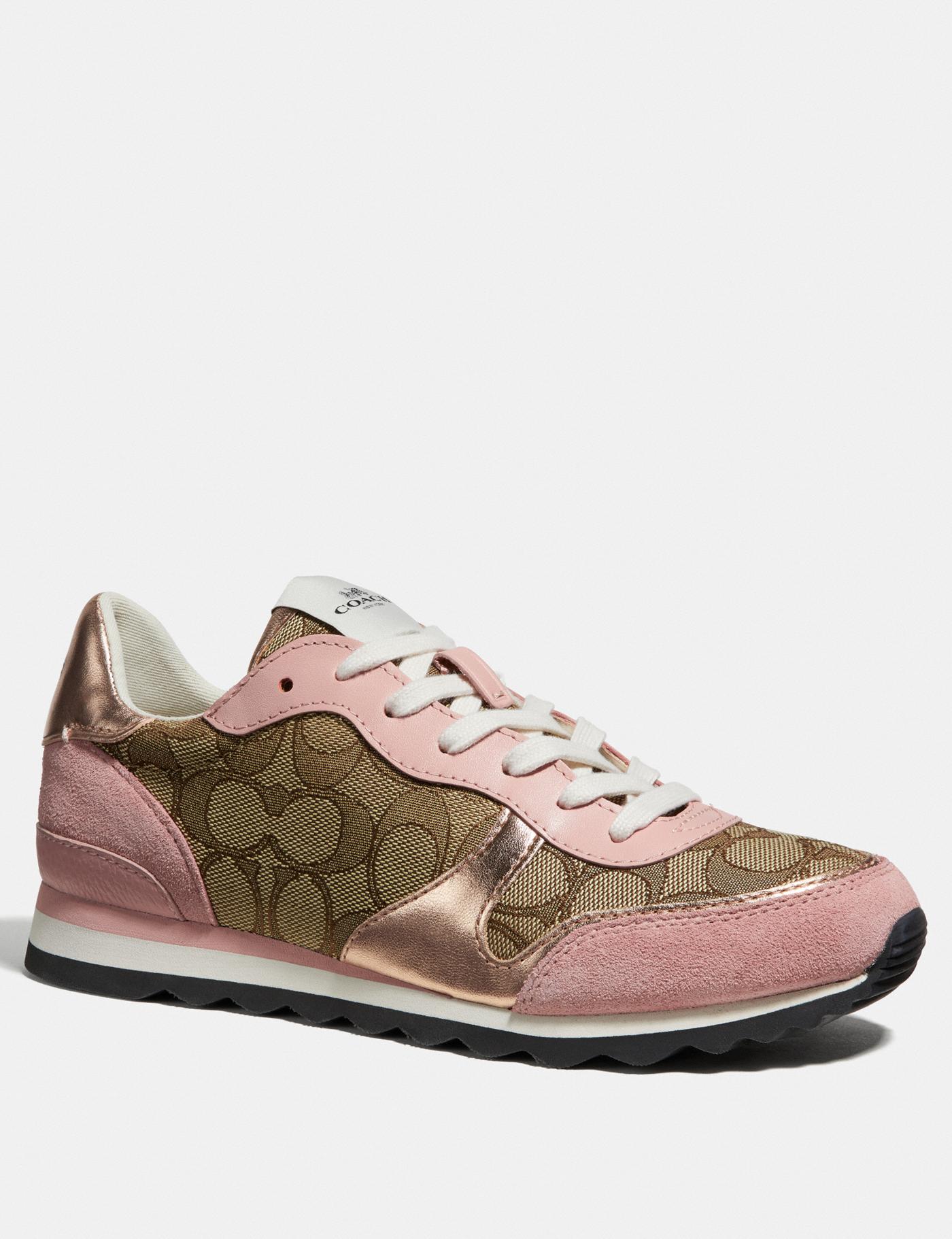 Coach Women's C142 Runner Leather/Suede Shoes in Signature Jacquard -Khaki/Petal - Picture 10 of 11