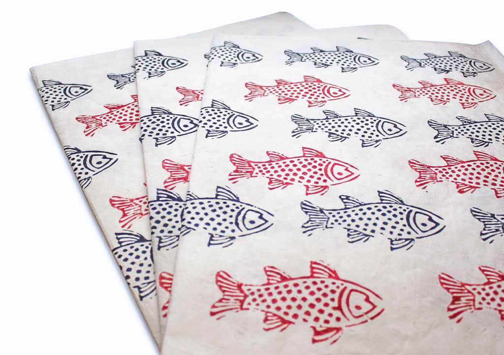 Fish Printed Handmade Lokta Paper Wrapping Sheets - Picture 9 of 9