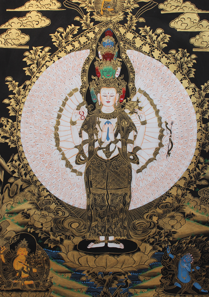 Black Gold Tonned Avalokeshvara Thangka Painting 29x21 CM - Picture 9 of 9