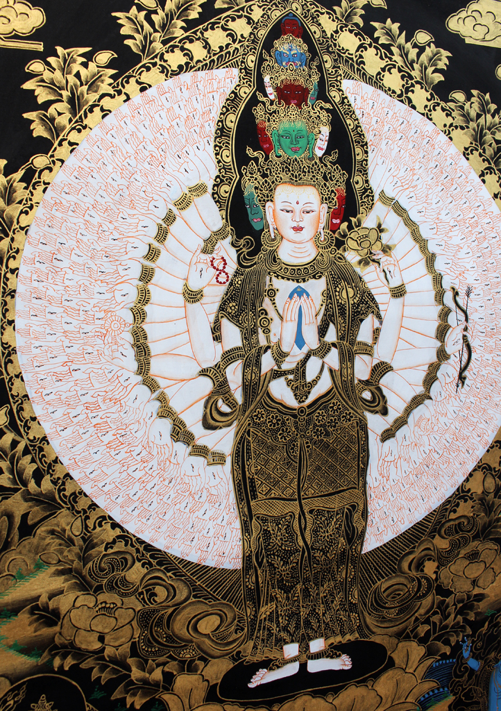 Black Gold Tonned Avalokeshvara Thangka Painting 29x21 CM - Picture 8 of 9