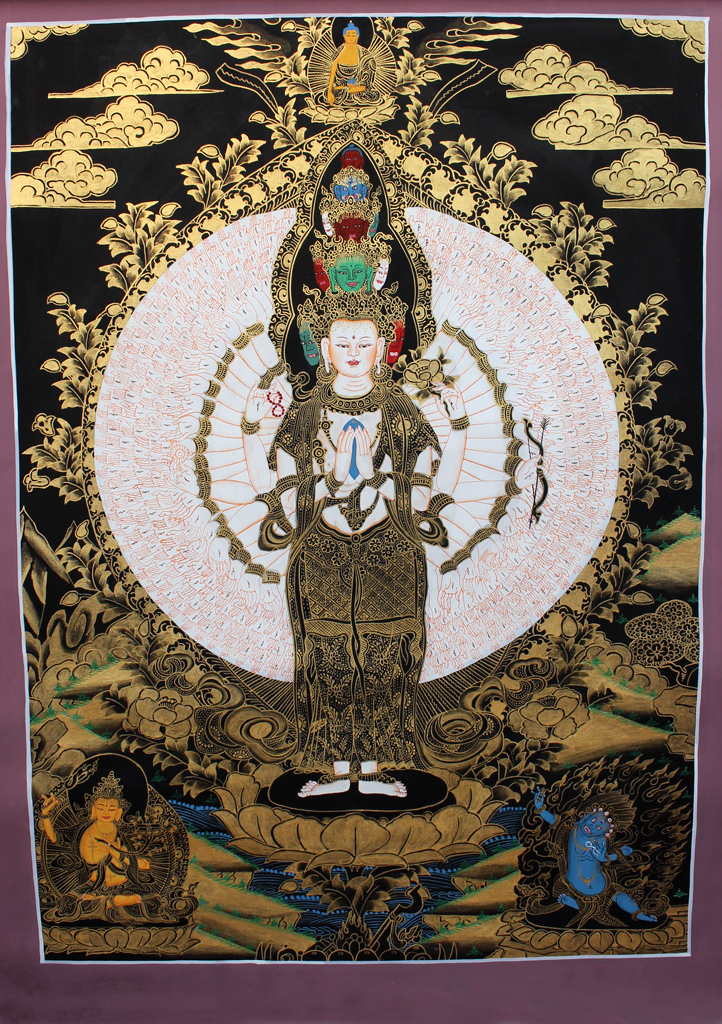 Black Gold Tonned Avalokeshvara Thangka Painting 29x21 CM - Picture 7 of 9