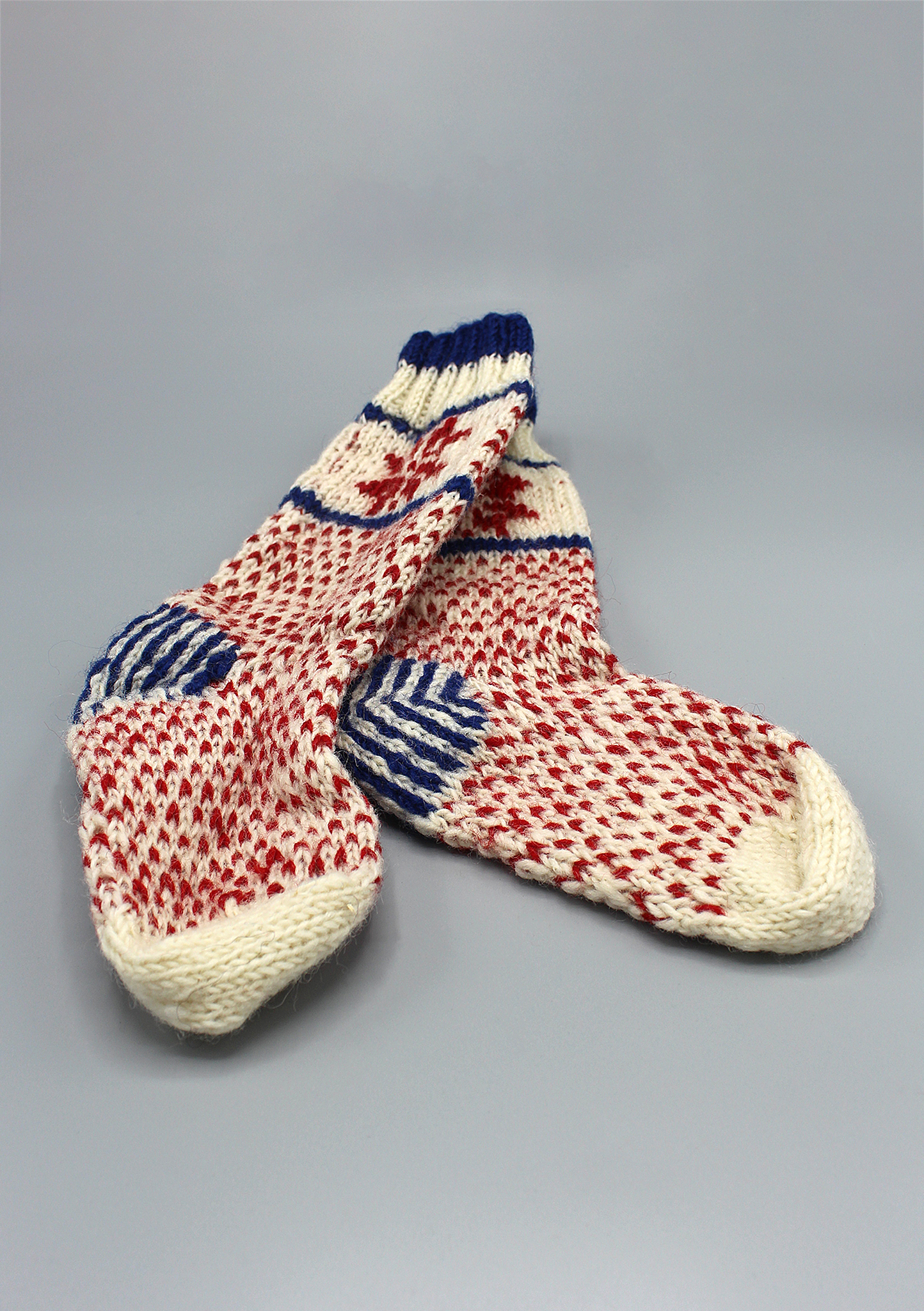 Pure Woolen Red White Blue Mix Snow Flake Pattern Children Knee High Socks - Picture 11 of 12