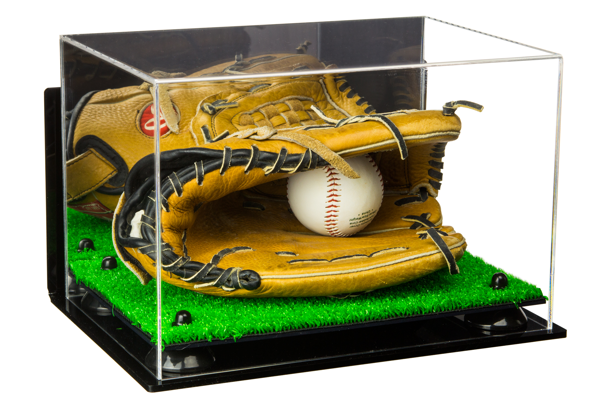Baseball Glove Display Case w/ Black Risers Mirror Turf Base & Wall