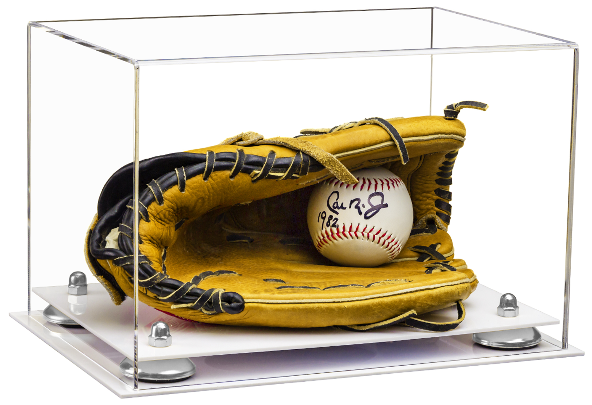 Clear Acrylic Baseball Glove Display Case with Silver Risers&White