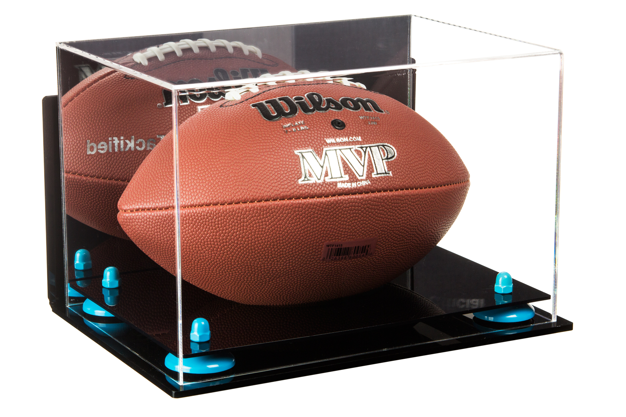 Football Display Case with Blue Risers, Mirror and Wall Mount (A004BLR