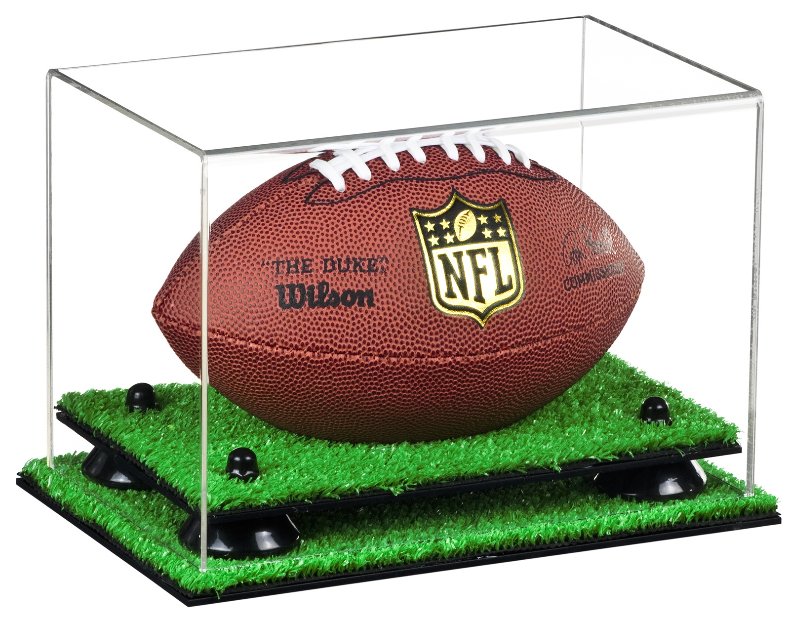 Clear MINI Football Display Case with Black Risers and Turf Base (A005