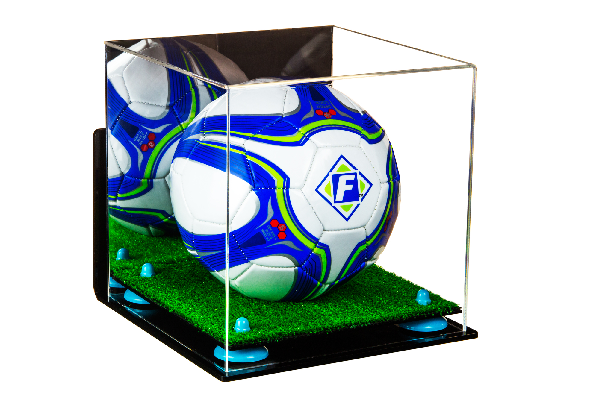 Soccer Ball Display Case with Blue Risers, Mirror, Turf Base & Wall