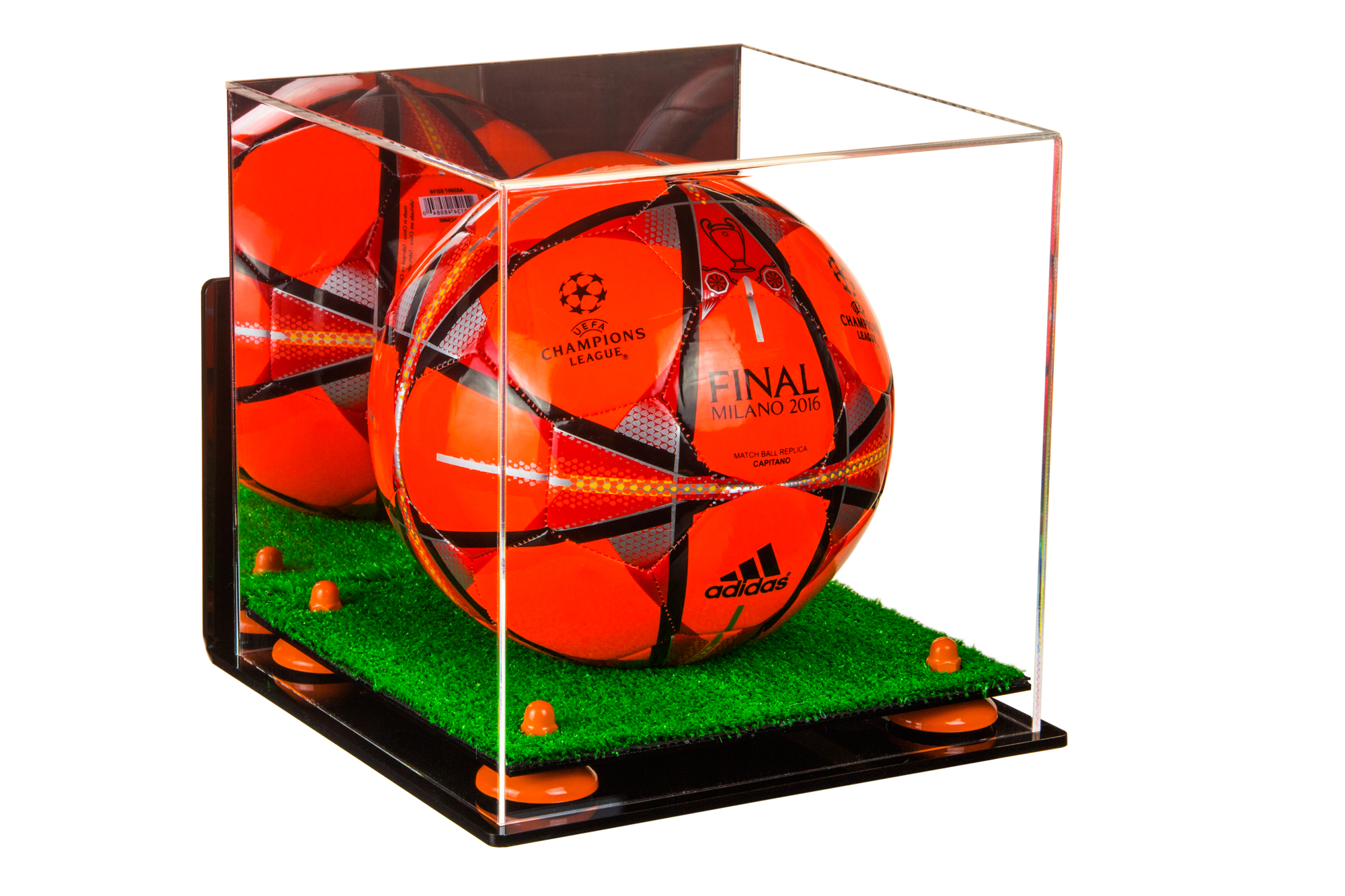 Soccer Ball Display Case w/ Orange Risers, Mirror, Turf Base & Wall