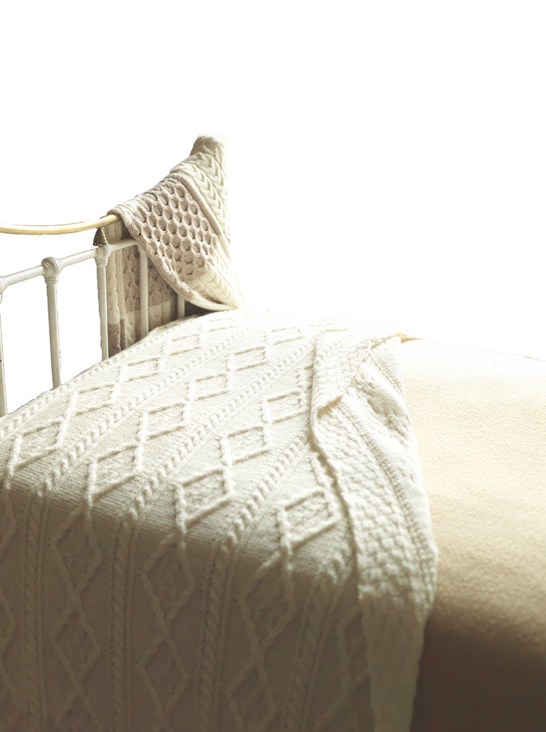 Cable Knit Blanket Irish Merino Wool Throw Traditional Aran Knit Ivory