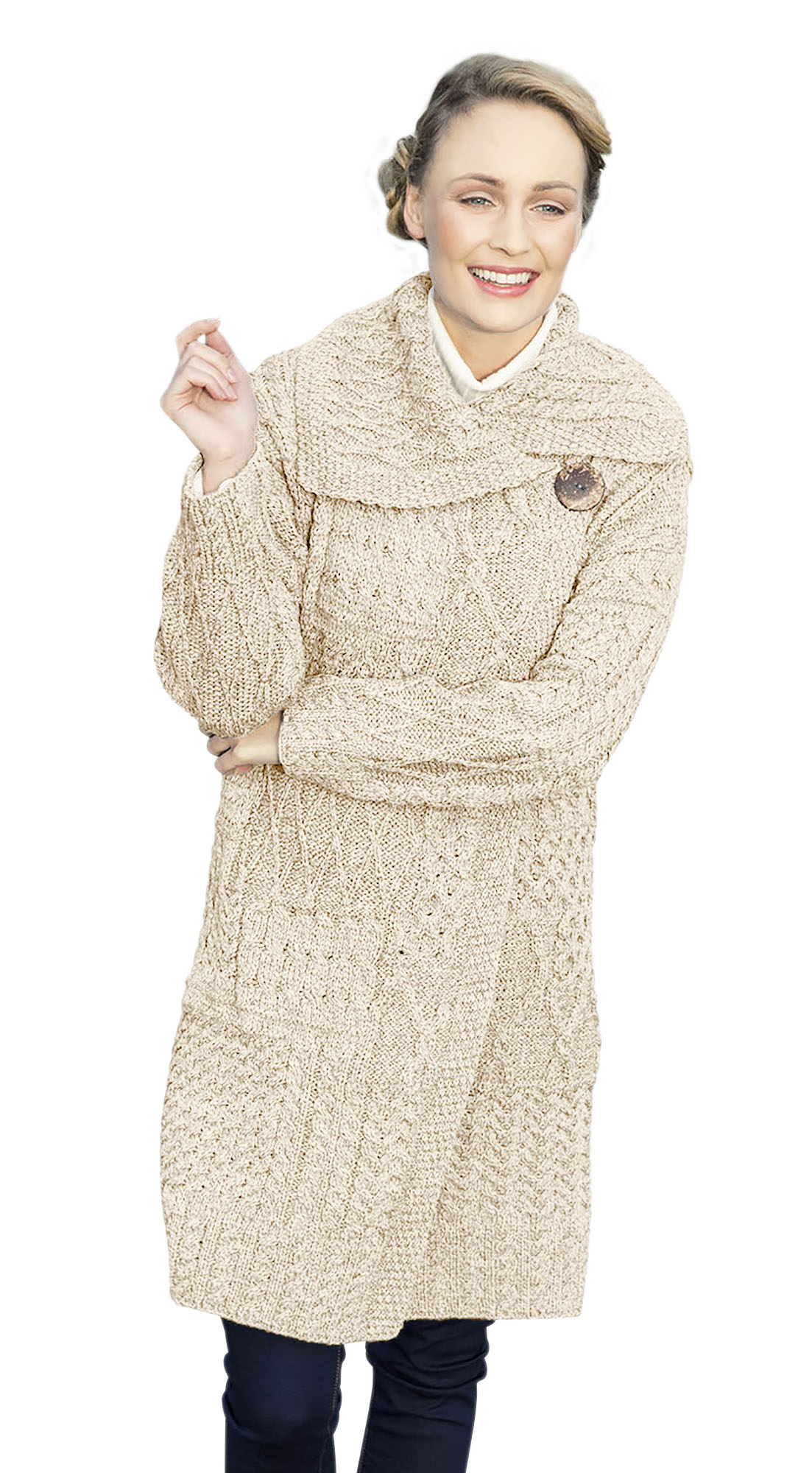 Long Patchwork Cardigan Irish Wool Sweater Merino Wool Aran Knit