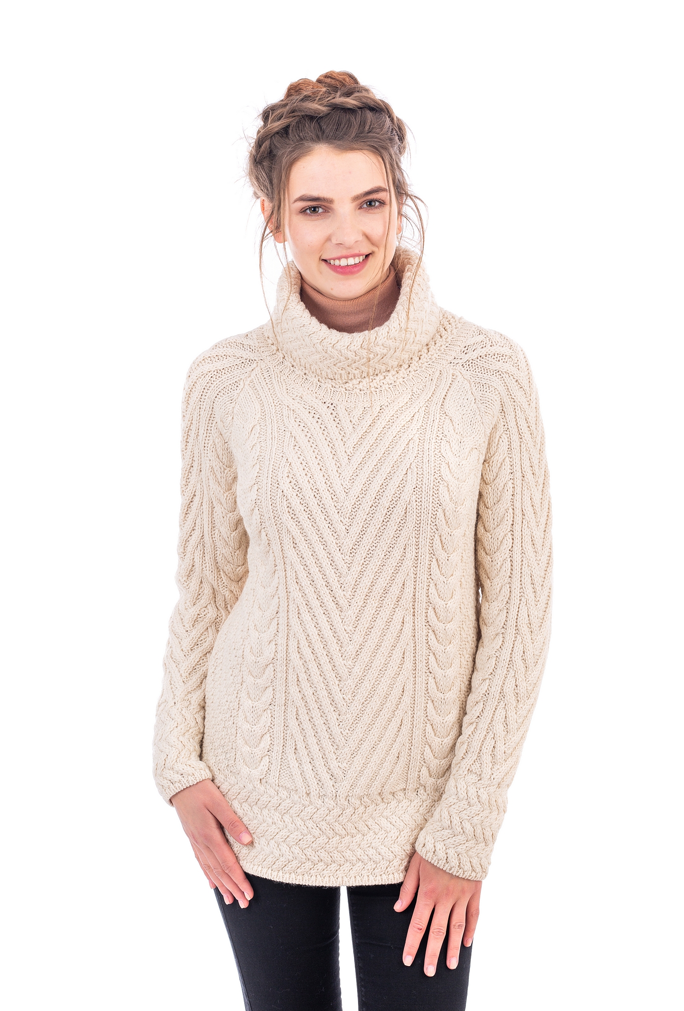 Cable Knit Sweater SAOL Turtleneck Pullover Oversized Collar Aran Knit