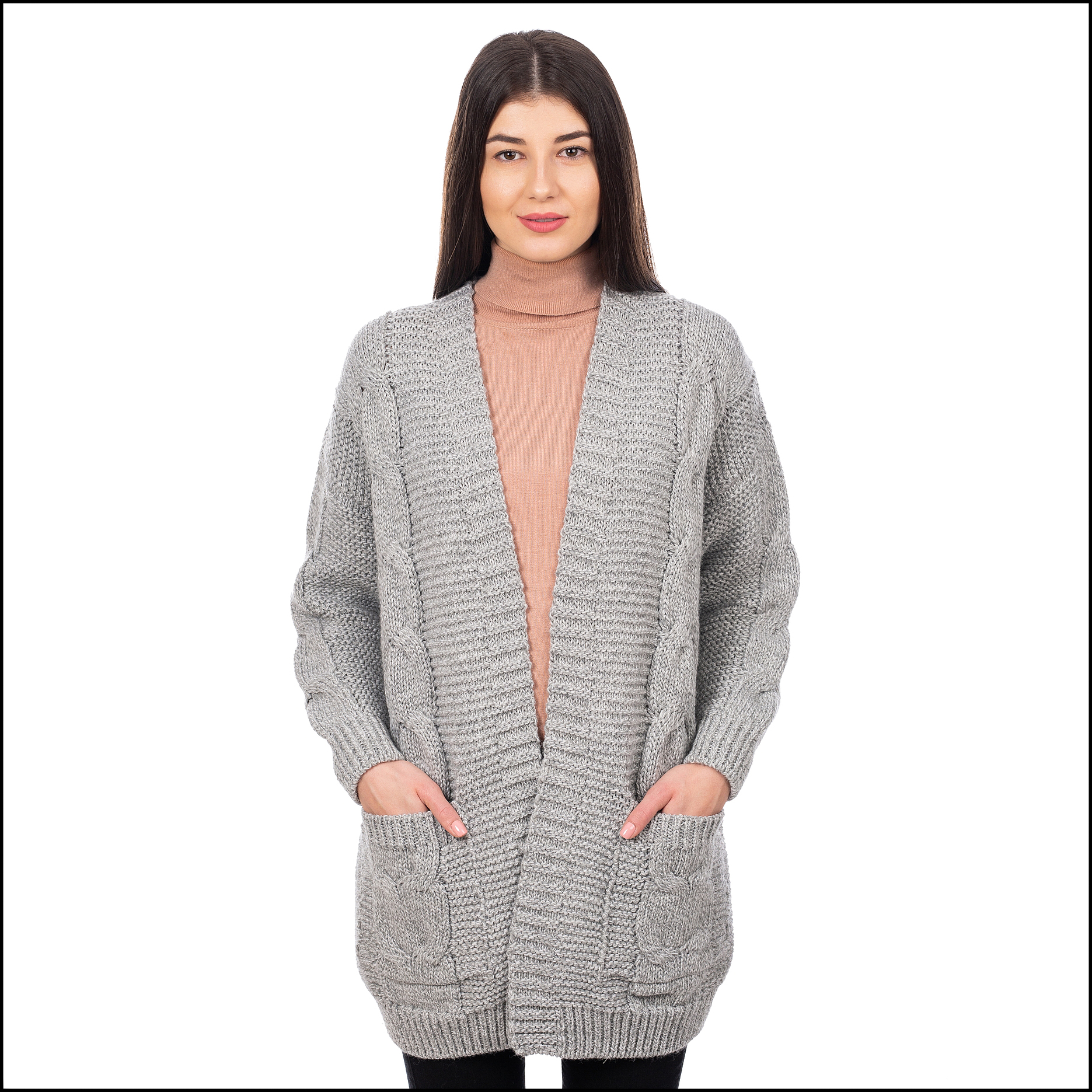SAOL Ladies Long Open Front Drape Cardigan with Pockets Aran Stitches