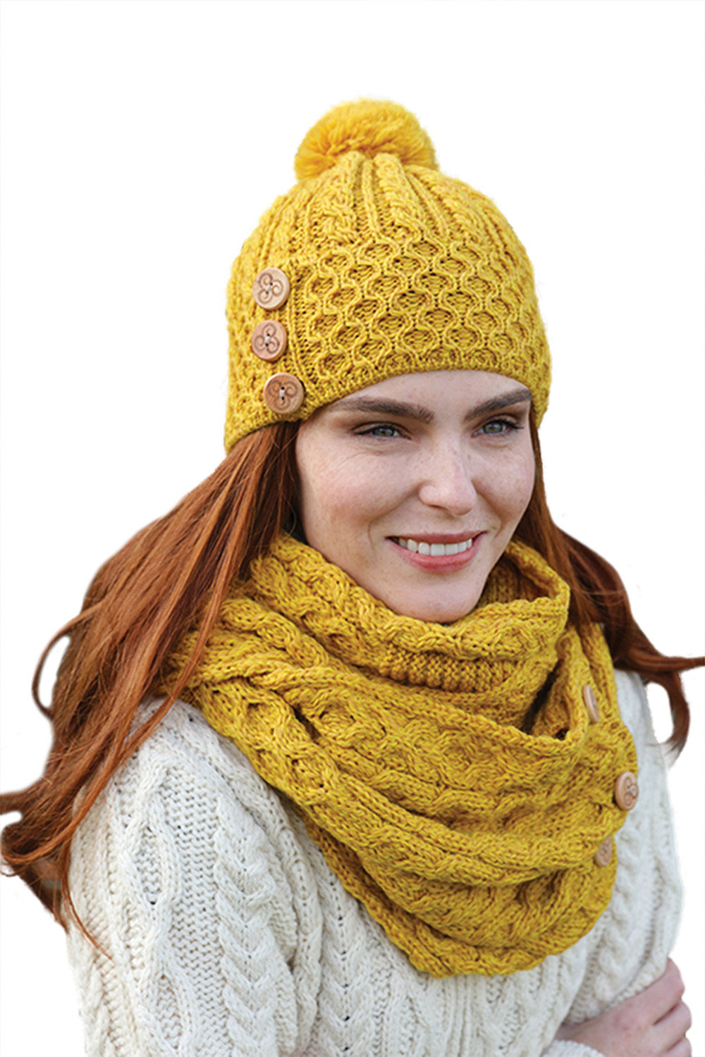 Ladies Irish Merino Wool Hat with Pom Pom & Wooden Buttons Aran Stitch eBay