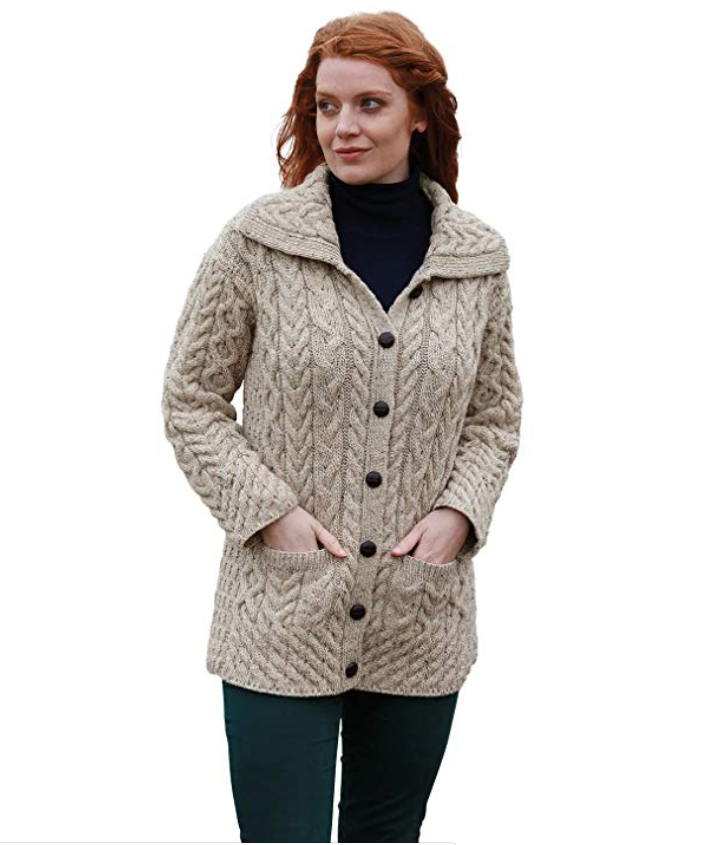 Long Chunky Wool Aran Knit Cardigan with Collar Wooden Buttons Front Pockets