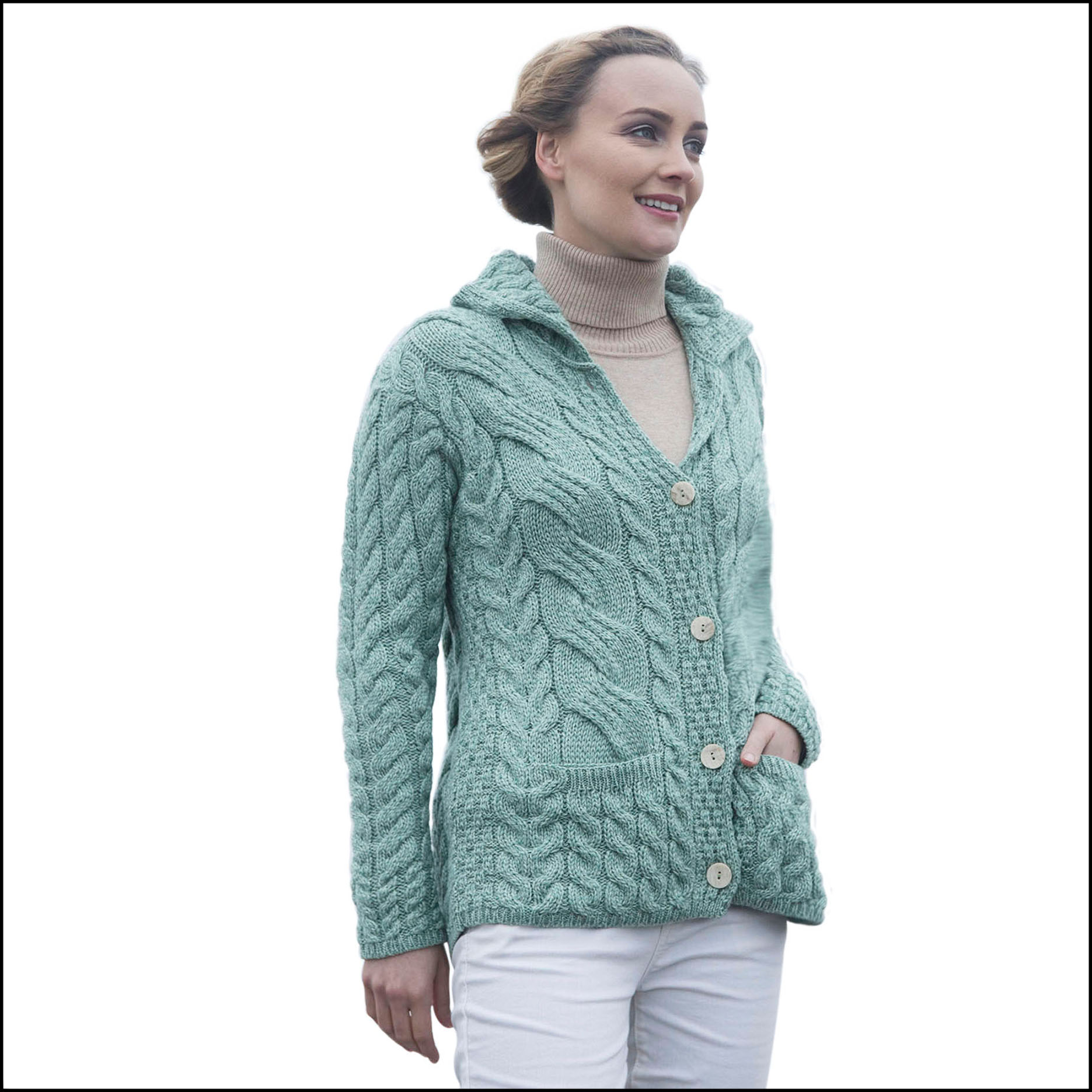 Irish Merino Wool Cardigan Aran Cable Knit Buttoned Front Sweater with Side Pockets