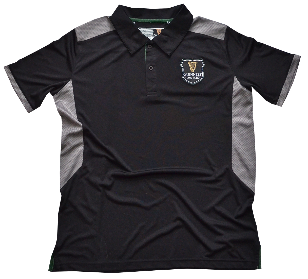 Mens Polo Black and Grey Guinness Harp Badge Performance Polo 3-Button Collar
