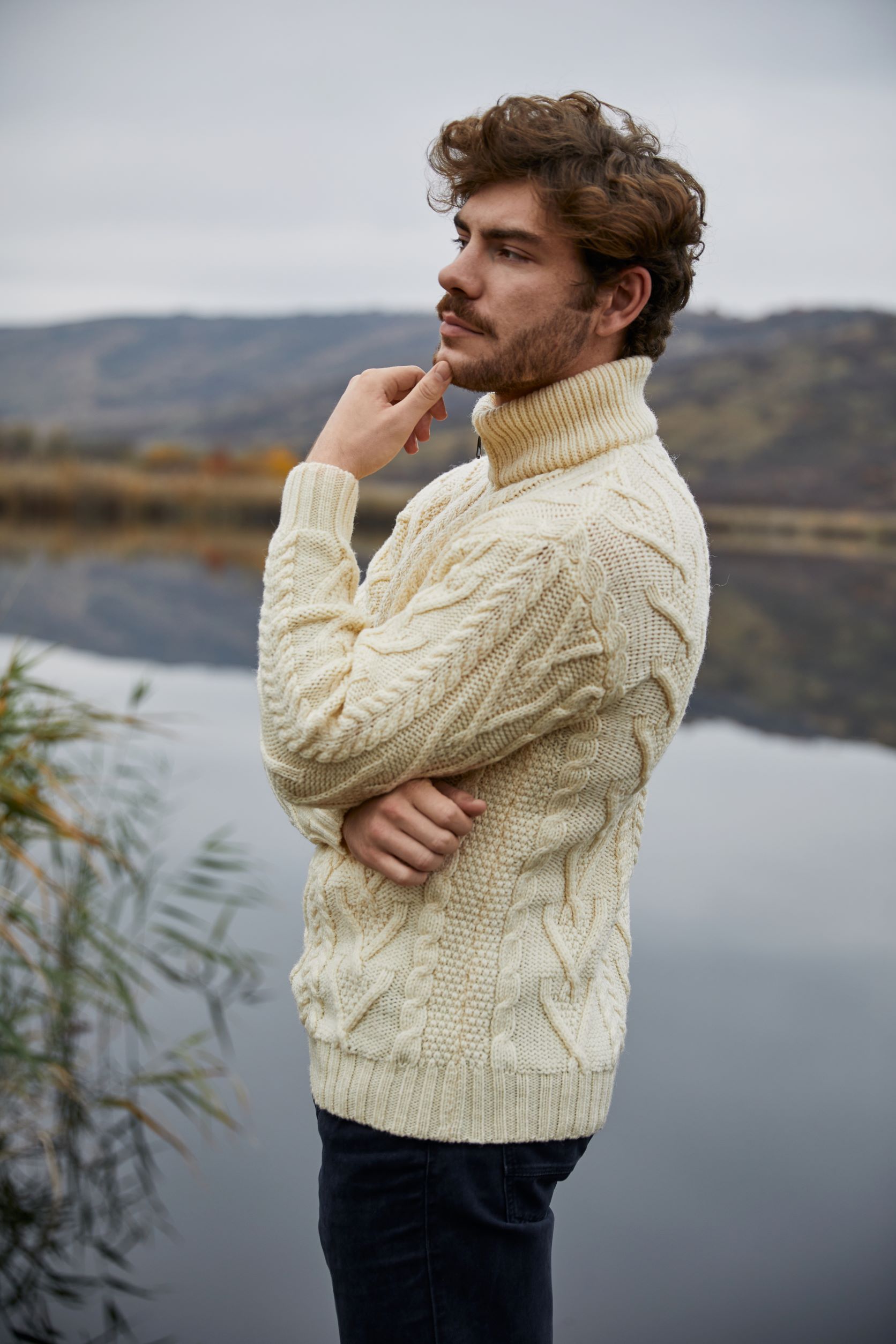 SAOL Aran Fisherman Sweater Irish Merino Wool Half Zip Collar