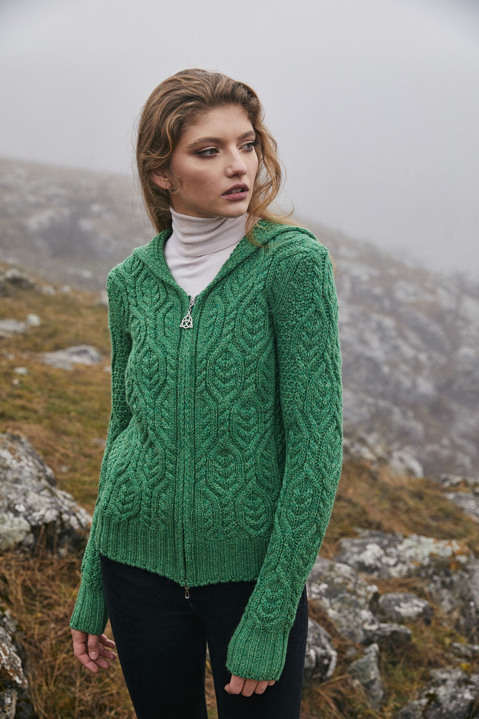 Full Zip Cardigan SAOL Merino Wool Cable Knit Sweater Trinity Knot Zip